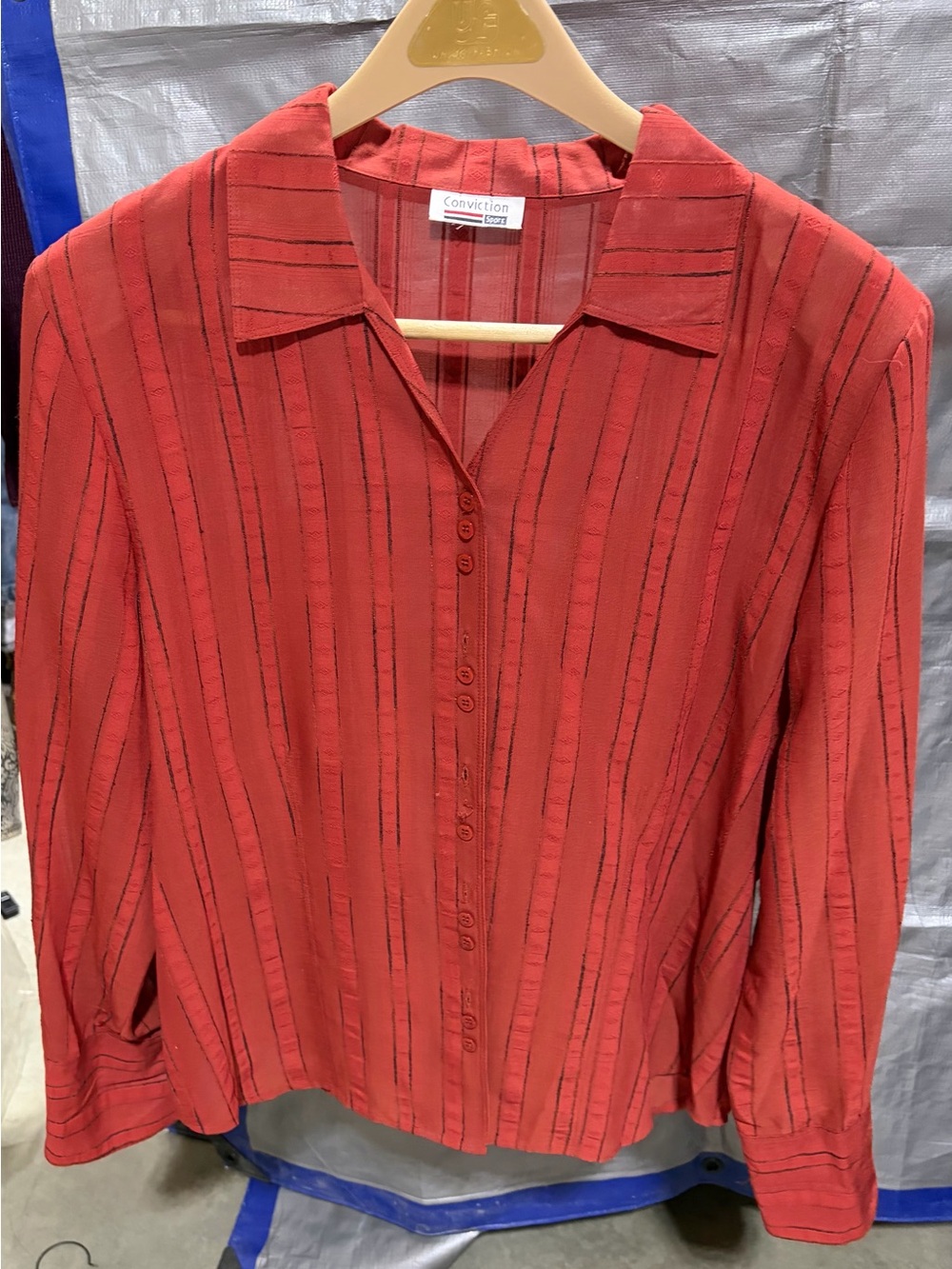 Red Button-Front Long-Sleeve Top